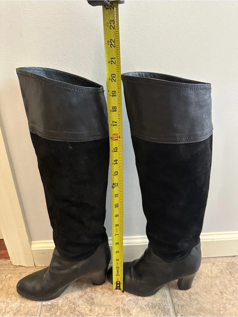 Black Genuine Leather and Suede Knee High Slouch Boots - size 37 size 7